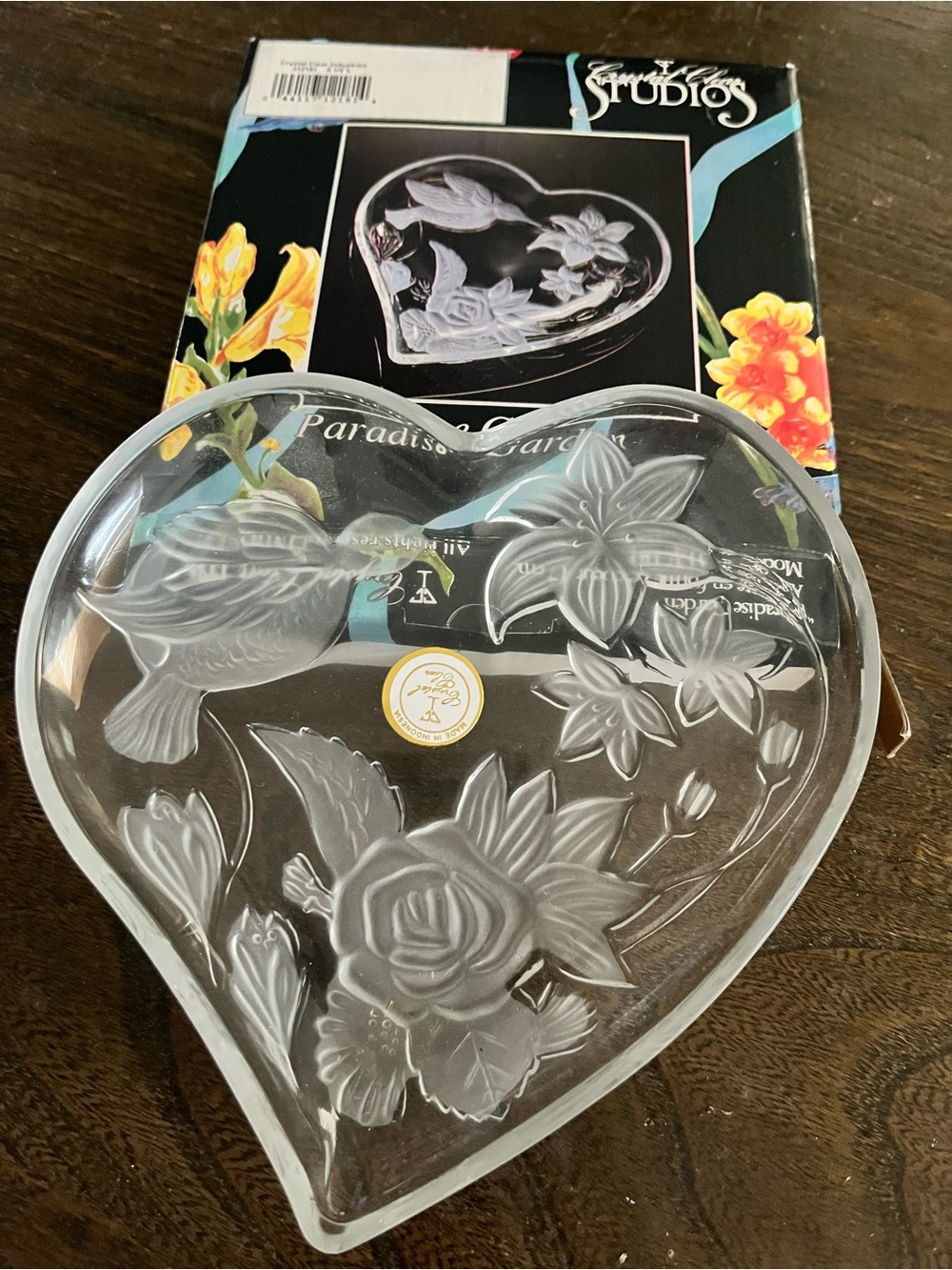 Clear Heart-Shaped Glass Dish with Etched Floral Design -